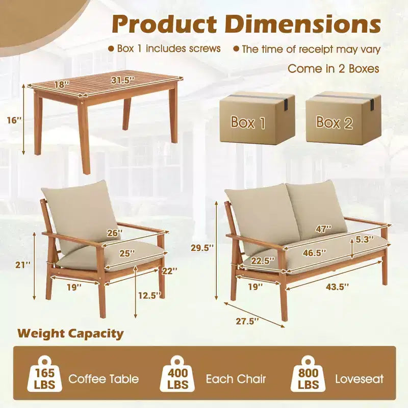 Costway 4 PCS Acacia Wood Patio Furniture Set with Soft Cushions and Coffee Table