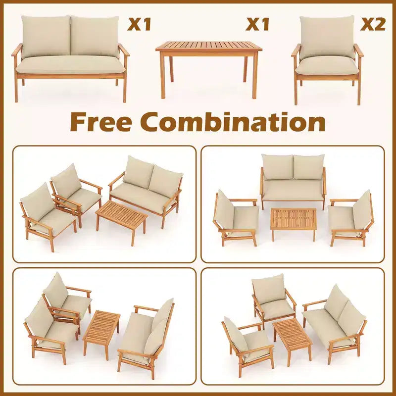 Costway 4 PCS Acacia Wood Patio Furniture Set with Soft Cushions and Coffee Table