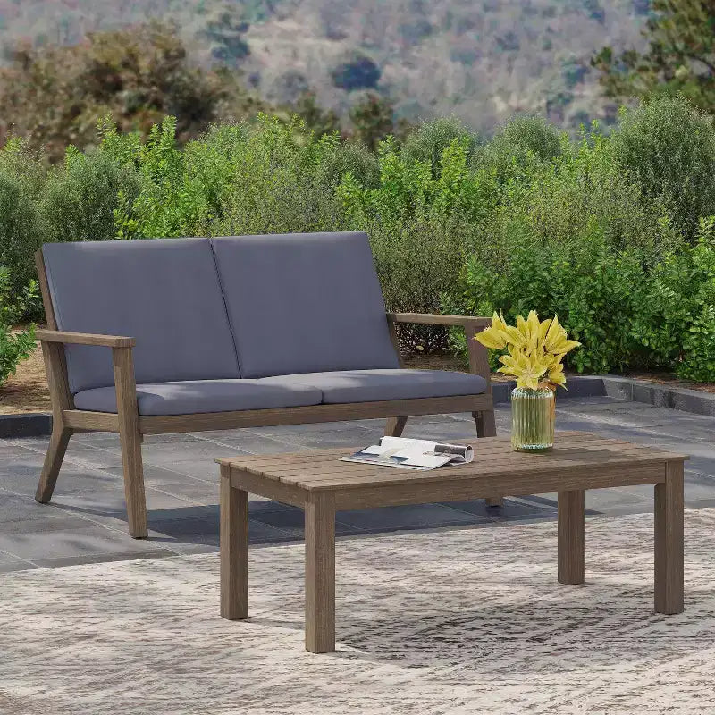 GDFStudio Deborah Outdoor Acacia Wood Loveseat and Coffee Table Set with Cushions