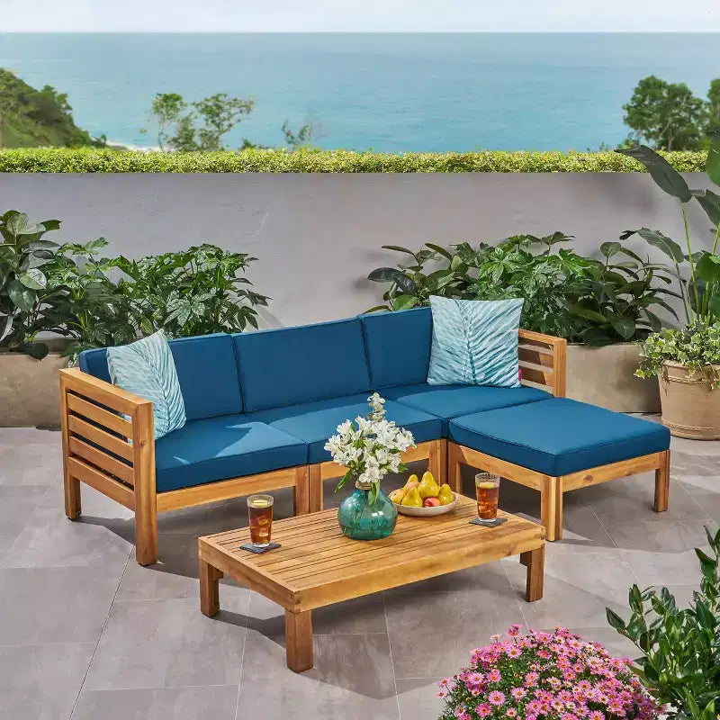 GDFStudio Cavendish Outdoor Acacia Wood 3 Seater Sofa Chat Set with Ottoman