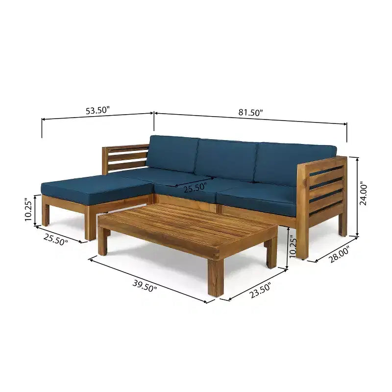 GDFStudio Cavendish Outdoor Acacia Wood 3 Seater Sofa Chat Set with Ottoman
