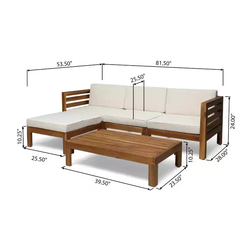 GDFStudio Cavendish Outdoor Acacia Wood 3 Seater Sofa Chat Set with Ottoman