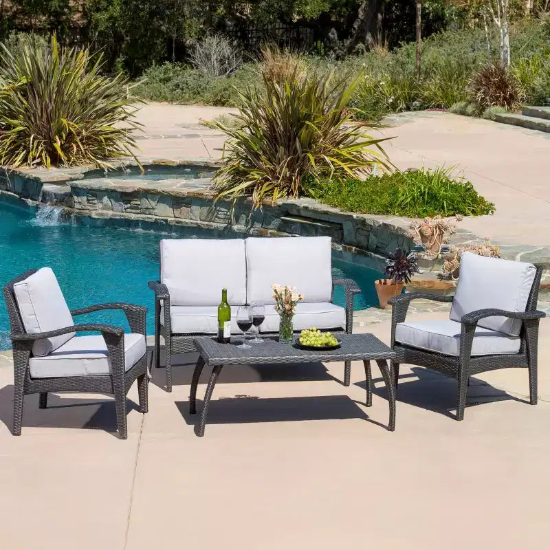 GDFStudio Hilary Outdoor Wicker 4 Seater Chat Set with Water Resistant Cushions