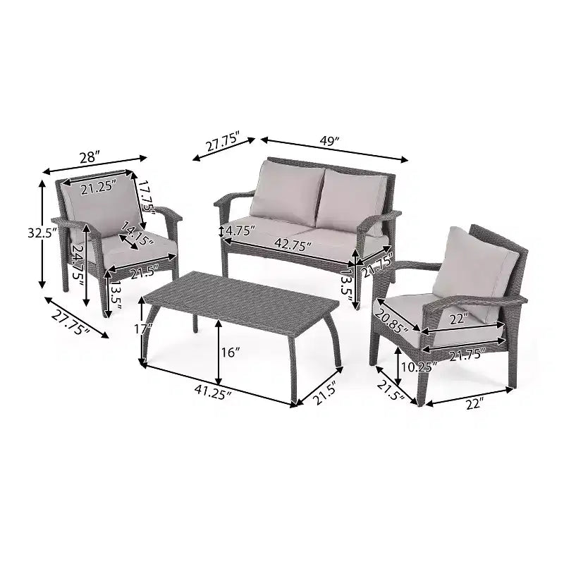 GDFStudio Hilary Outdoor Wicker 4 Seater Chat Set with Water Resistant Cushions