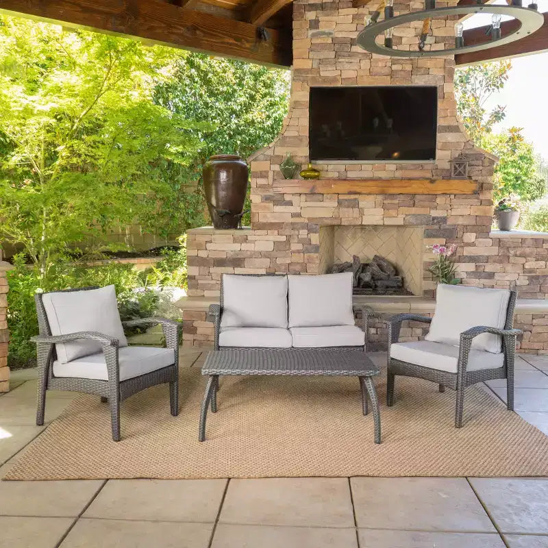 GDFStudio Hilary Outdoor Wicker 4 Seater Chat Set with Water Resistant Cushions