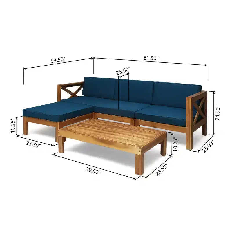 GDFStudio Allaire Acacia Wood 3 Seater Sectional Sofa Set with Ottoman