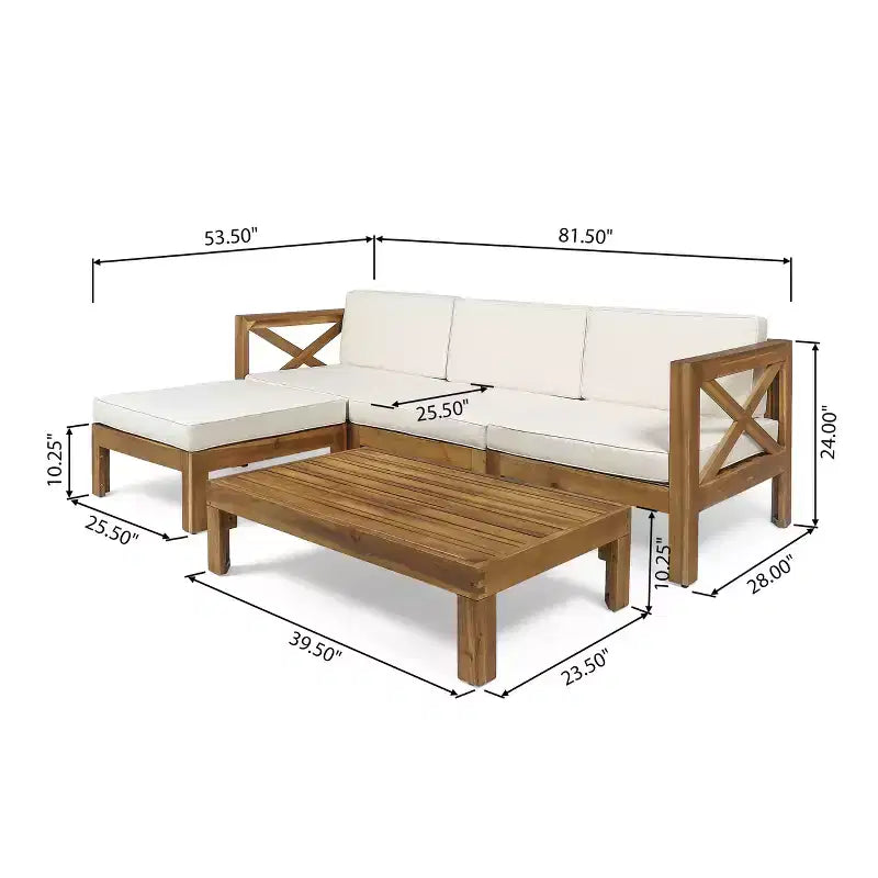 GDFStudio Allaire Acacia Wood 3 Seater Sectional Sofa Set with Ottoman