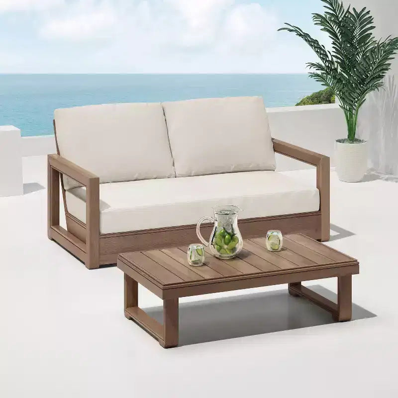 GDFStudio Andrae Outdoor Acacia Wood Loveseat and Coffee Table Set with Cushions