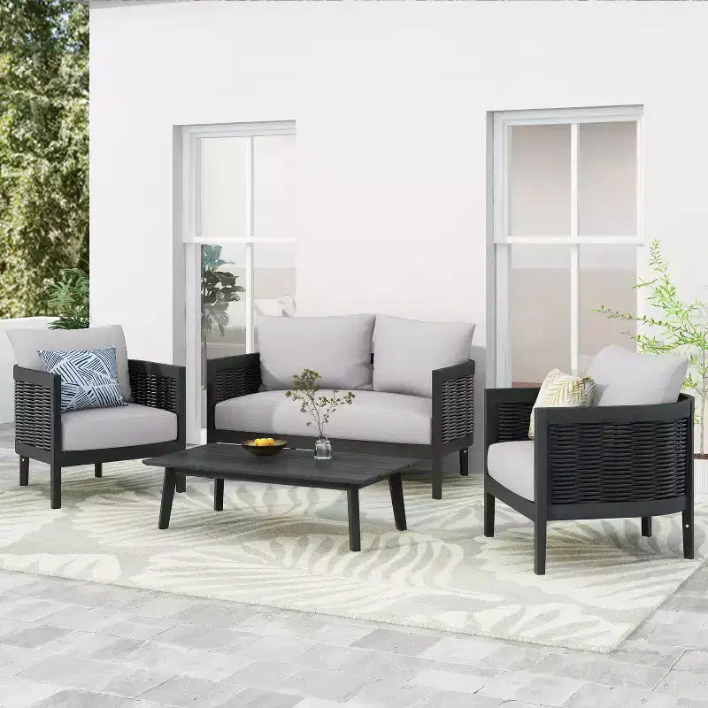 Christopher Knight Home Burchett 4 Pieces Patio Acacia Wood and Wicker Conversation Set with Cushions