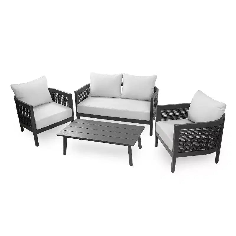 Christopher Knight Home Burchett 4-teiliges Terrassen-Set aus Akazienholz und Korbgeflecht mit Sitzkissen