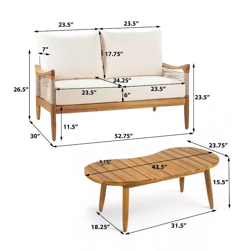 Christopher Knight Home Abell 2 Piece Outdoor Woven Rope Acacia Wood Upholstered Seating Set