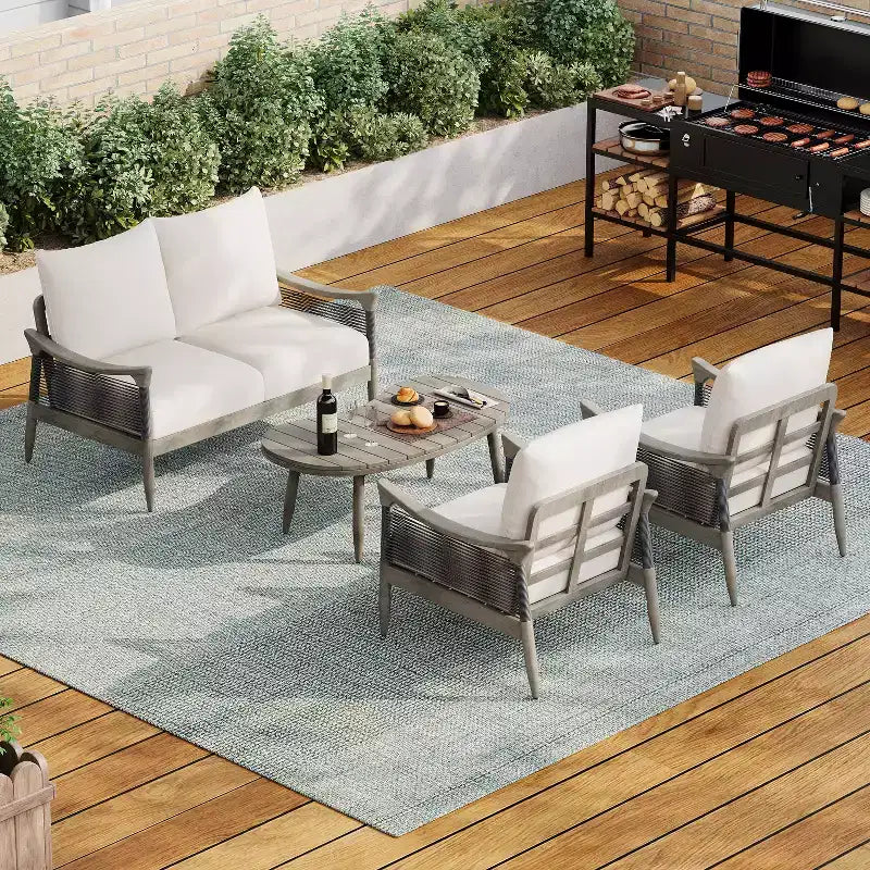 Christopher Knight Home Abell 4 Pieces Outdoor Woven Rope Acacia Wood Upholstered Seating Set