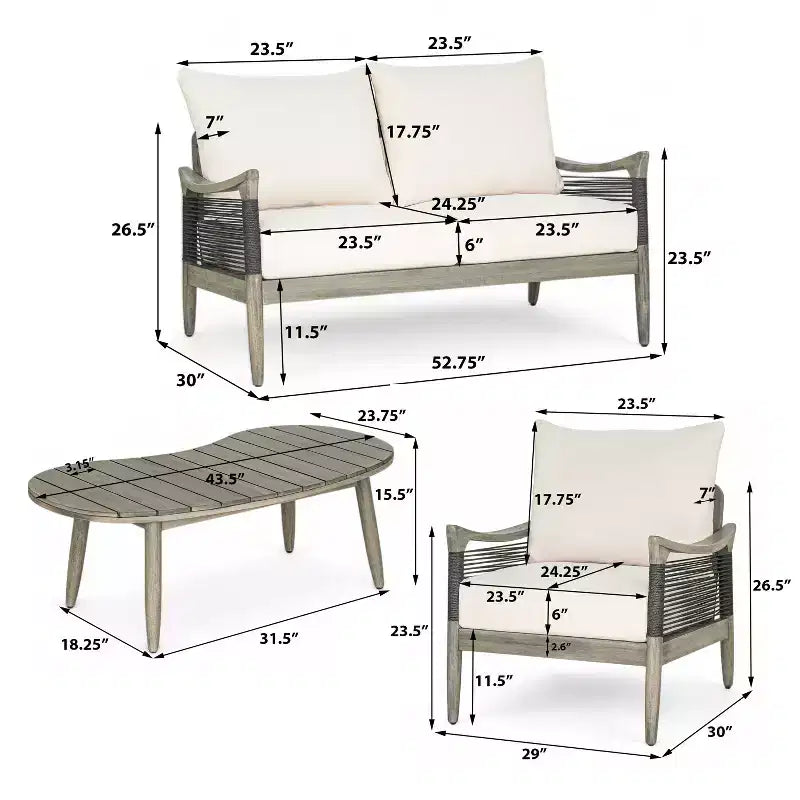 Christopher Knight Home Abell 4 Pieces Outdoor Woven Rope Acacia Wood Upholstered Seating Set