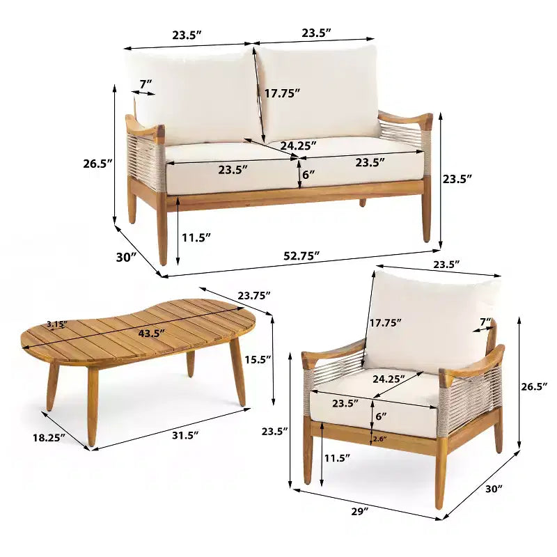 Christopher Knight Home Abell 4 Pieces Outdoor Woven Rope Acacia Wood Upholstered Seating Set