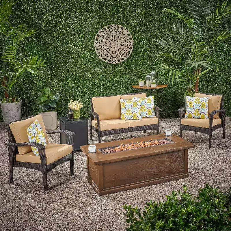 GDFStudio Hilary Outdoor Wicker 4 Seater Chat Set with Fire Pit