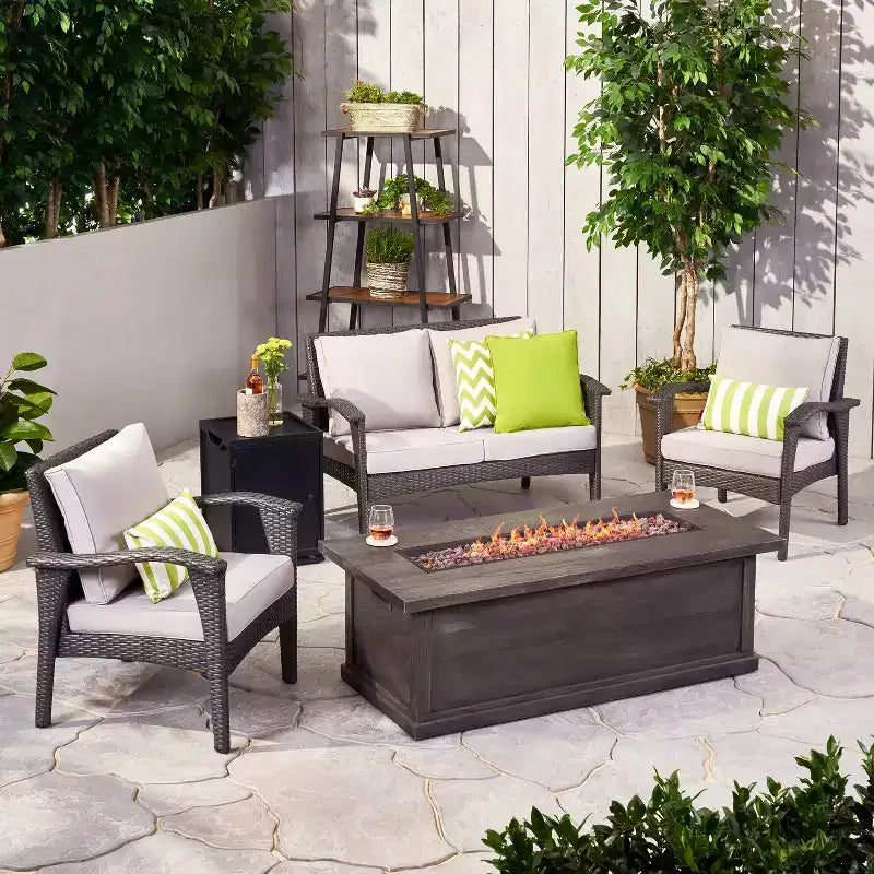 GDFStudio Hilary Outdoor Wicker 4 Seater Chat Set with Fire Pit