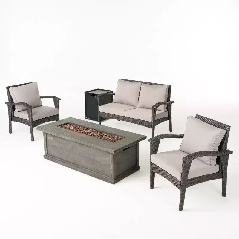 GDFStudio Hilary Outdoor Wicker 4 Seater Chat Set with Fire Pit