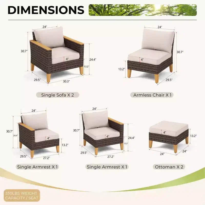 Captiva Designs 7pc Wicker Outdoor Patio Rattan Sectional Conversation Set with Cushioned Ottoman