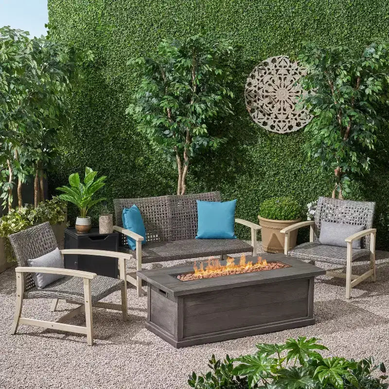 Christopher Knight Home Breakwater Outdoor Acacia Wood and Wicker 4 Seater Chat Set with 50,000BTU Fire Pit