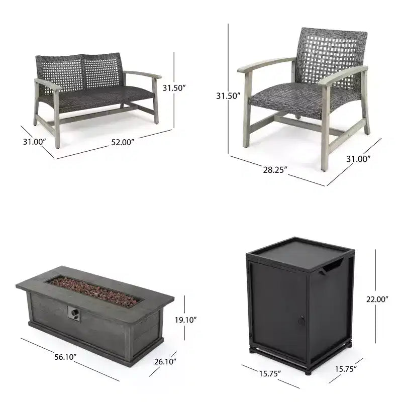 Christopher Knight Home Breakwater Outdoor Acacia Wood and Wicker 4 Seater Chat Set with 50,000BTU Fire Pit
