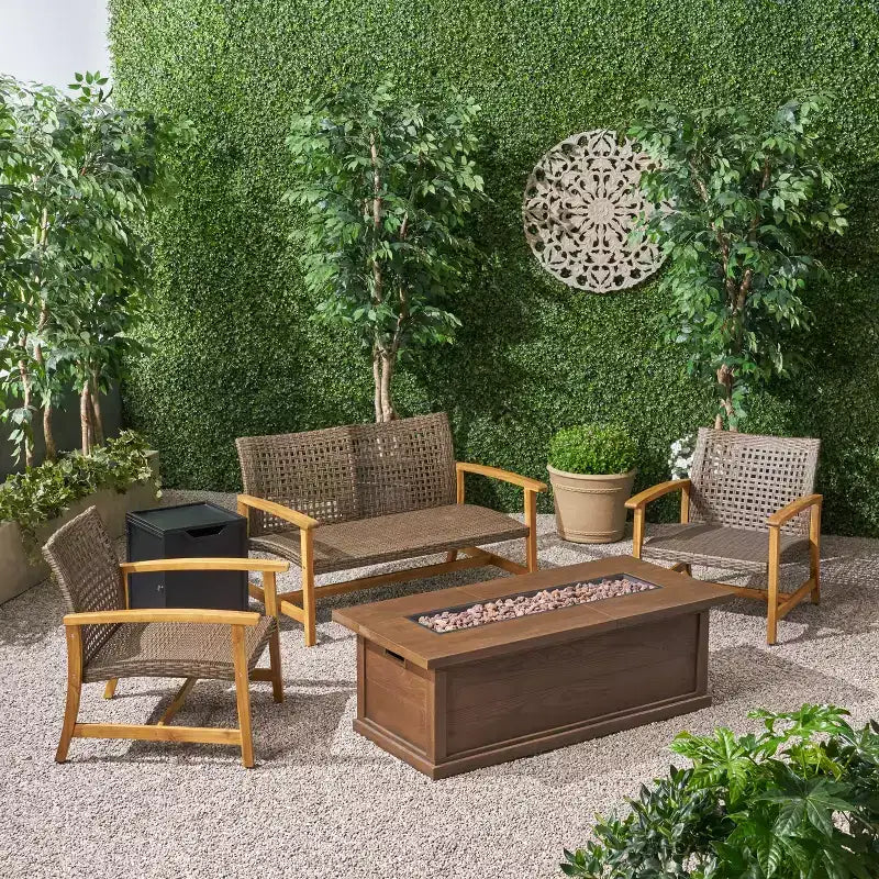 Christopher Knight Home Breakwater Outdoor Acacia Wood and Wicker 4 Seater Chat Set with 50,000BTU Fire Pit