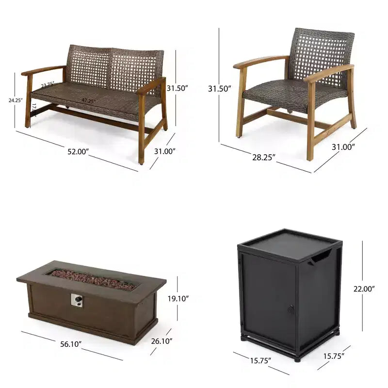 Christopher Knight Home Breakwater Outdoor Acacia Wood and Wicker 4 Seater Chat Set with 50,000BTU Fire Pit