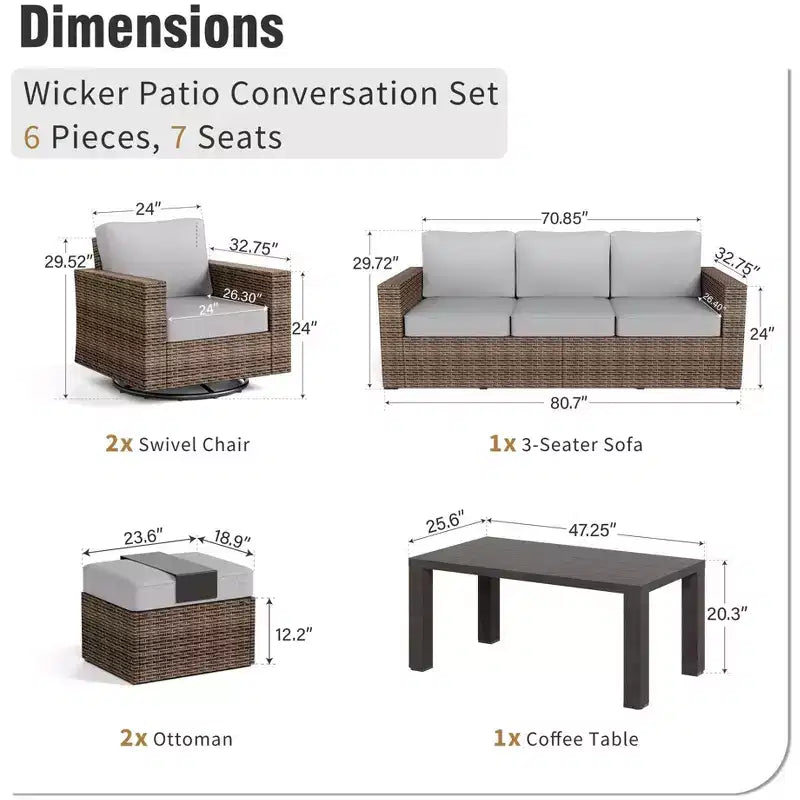 Captiva Designs 6pc Wicker Outdoor Patio Conversation Set with swivel Coffee Table and Ottoman for Backyard Deck Poolside