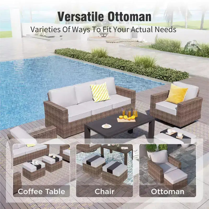 Captiva Designs 6pc Wicker Outdoor Patio Conversation Set with swivel Coffee Table and Ottoman for Backyard Deck Poolside