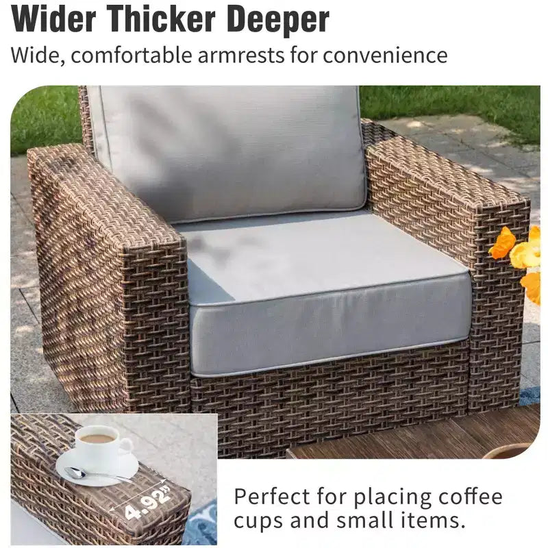 Captiva Designs 6pc Wicker Outdoor Patio Conversation Set with swivel Coffee Table and Ottoman for Backyard Deck Poolside