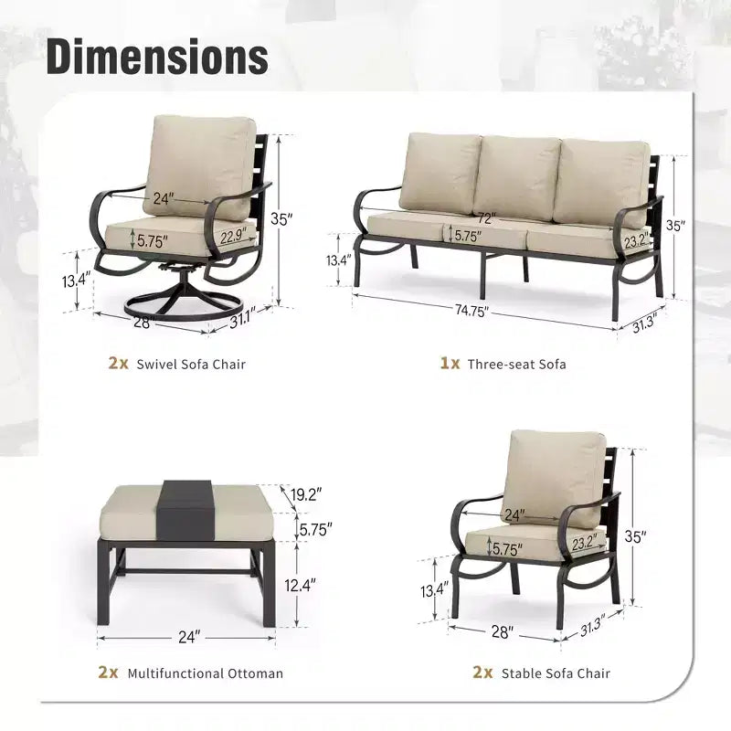 Captiva Designs 7pc Metal Patio Furniture Conversation Set with Swivel Chairs for Garden Porch Backyard