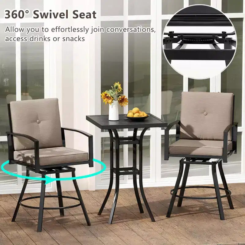 Costway 3 PCS Patio Swivel Bar Set Table and Chairs Set with Soft Cushions & Umbrella Hole
