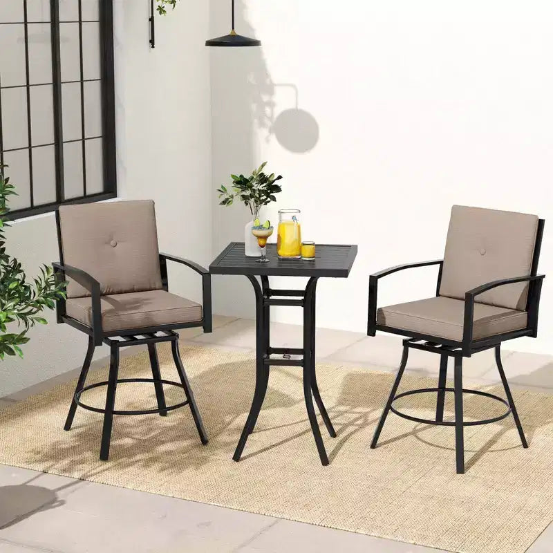 Costway 3 PCS Patio Swivel Bar Set Table and Chairs Set with Soft Cushions & Umbrella Hole