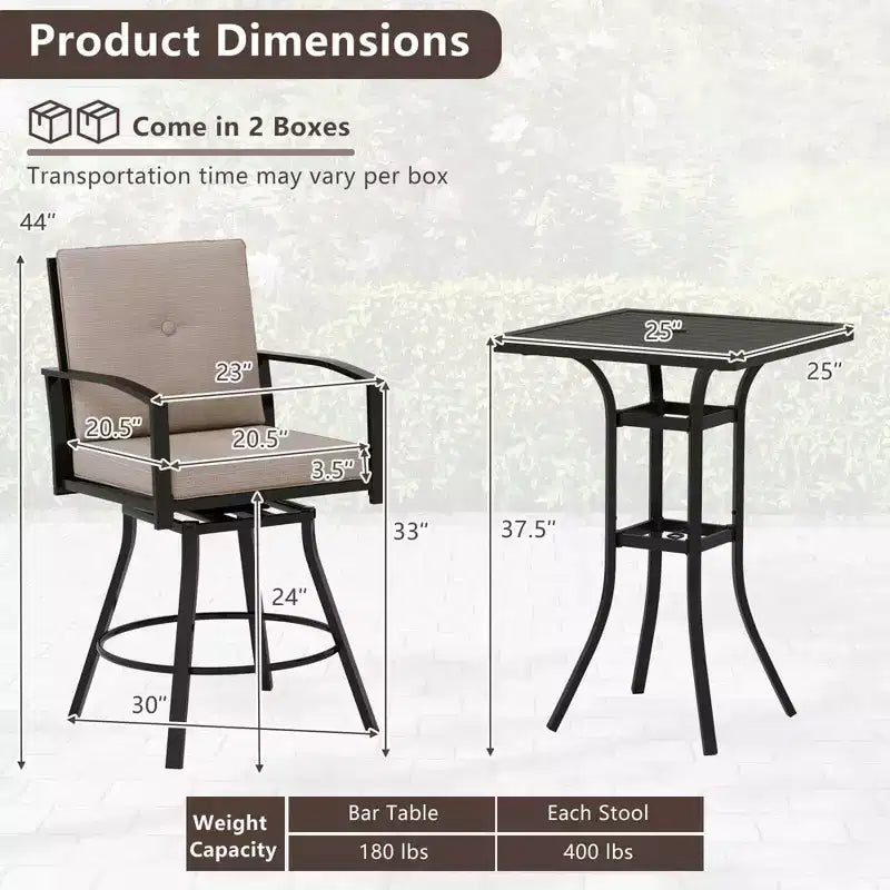 Costway 3 PCS Patio Swivel Bar Set Table and Chairs Set with Soft Cushions & Umbrella Hole
