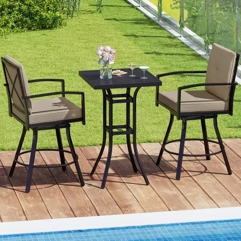 Costway 3 PCS Patio Swivel Bar Set Table and Chairs Set with Soft Cushions & Umbrella Hole