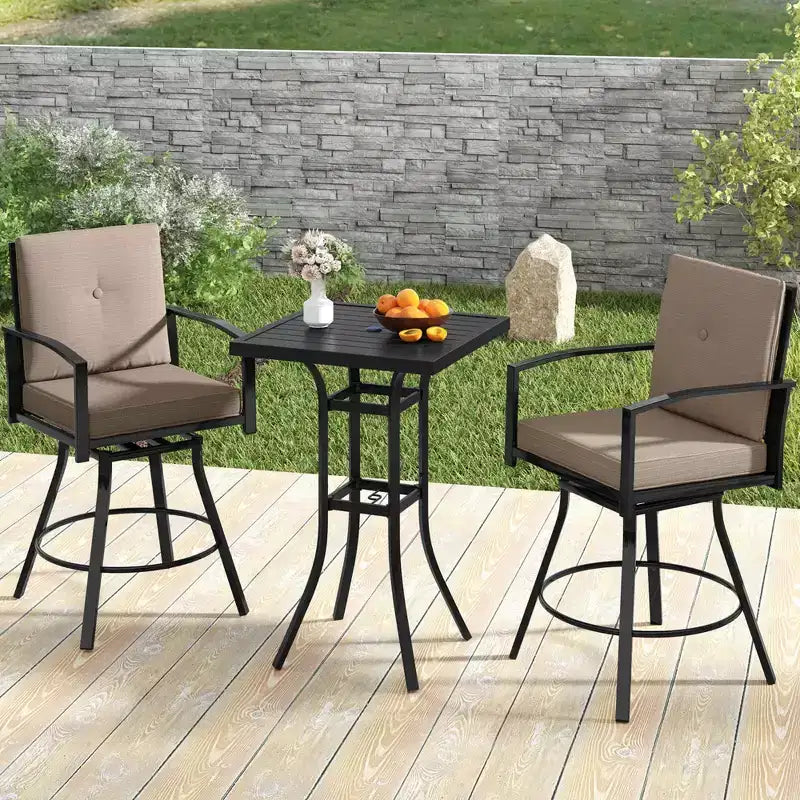 Costway 3 PCS Patio Swivel Bar Set Table and Chairs Set with Soft Cushions & Umbrella Hole
