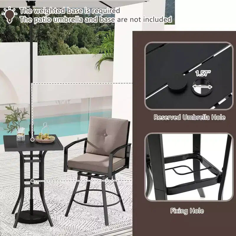 Costway 3 PCS Patio Swivel Bar Set Table and Chairs Set with Soft Cushions & Umbrella Hole
