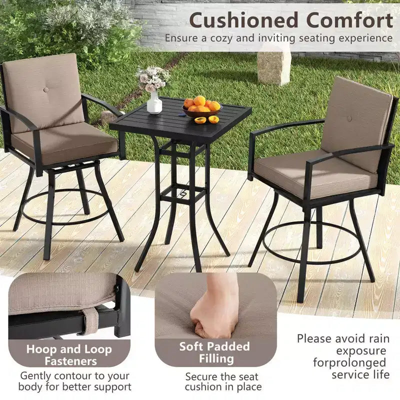 Costway 3 PCS Patio Swivel Bar Set Table and Chairs Set with Soft Cushions & Umbrella Hole