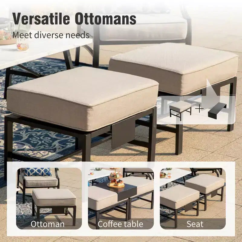 Captiva Designs 5pc Metal Patio Outdoor Conversation Set with Grid-back Armchairs and Ottomans