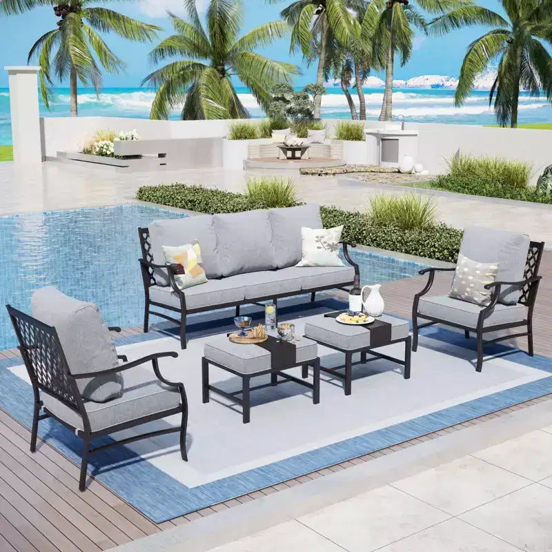 Captiva Designs 5-teiliges Outdoor-Sitzgruppen-Set aus Metall mit Gitterrücken-Sesseln und Hockern