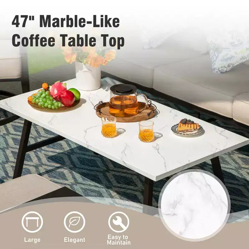 Captiva Designs 6pc Metal Patio Outdoor Conversation Set with Grid-back Armchairs, Ottomans and Coffee Table