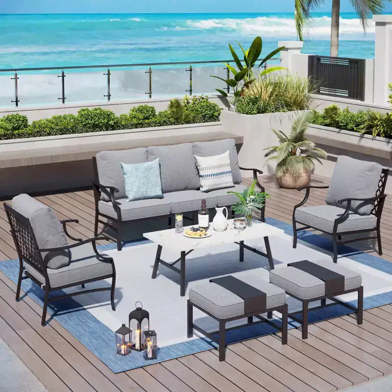 Captiva Designs 6-tlg. Garten-Sitzgruppe aus Metall mit Gitterrücken-Armlehnsesseln, Hockern und Couchtisch