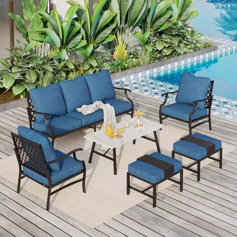 Captiva Designs 6-tlg. Garten-Sitzgruppe aus Metall mit Gitterrücken-Armlehnsesseln, Hockern und Couchtisch