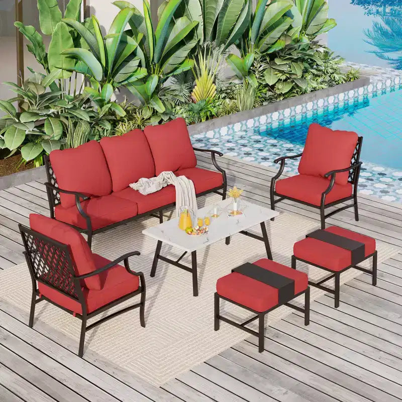 Captiva Designs 6-tlg. Garten-Sitzgruppe aus Metall mit Gitterrücken-Armlehnsesseln, Hockern und Couchtisch