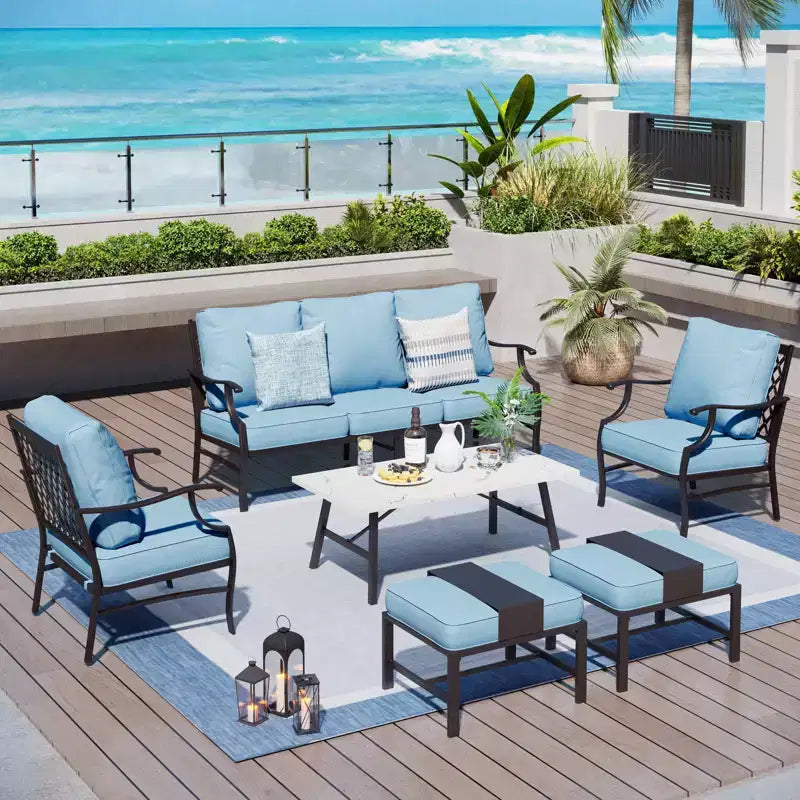 Captiva Designs 6-tlg. Garten-Sitzgruppe aus Metall mit Gitterrücken-Armlehnsesseln, Hockern und Couchtisch