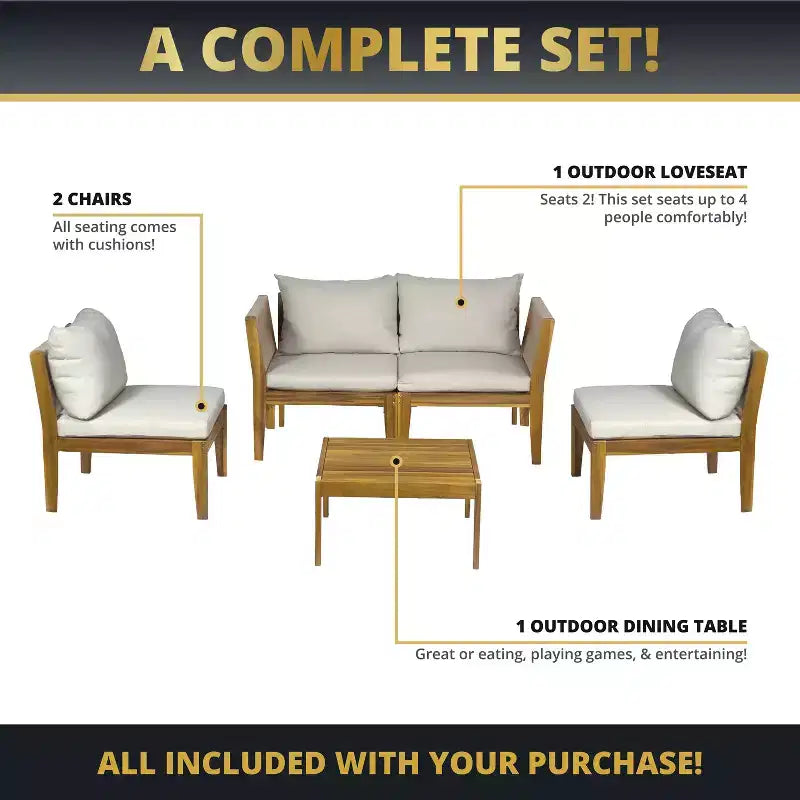 Kinger Home Trena 4-Piece Acacia Wood Patio Furniture Set with Cushions Elegant Outdoor Patio Furniture