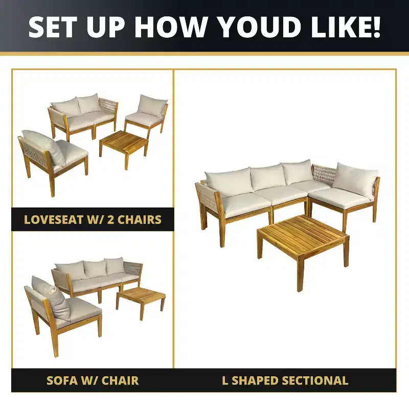 Kinger Home Trena 4-Piece Acacia Wood Patio Furniture Set with Cushions Elegant Outdoor Patio Furniture