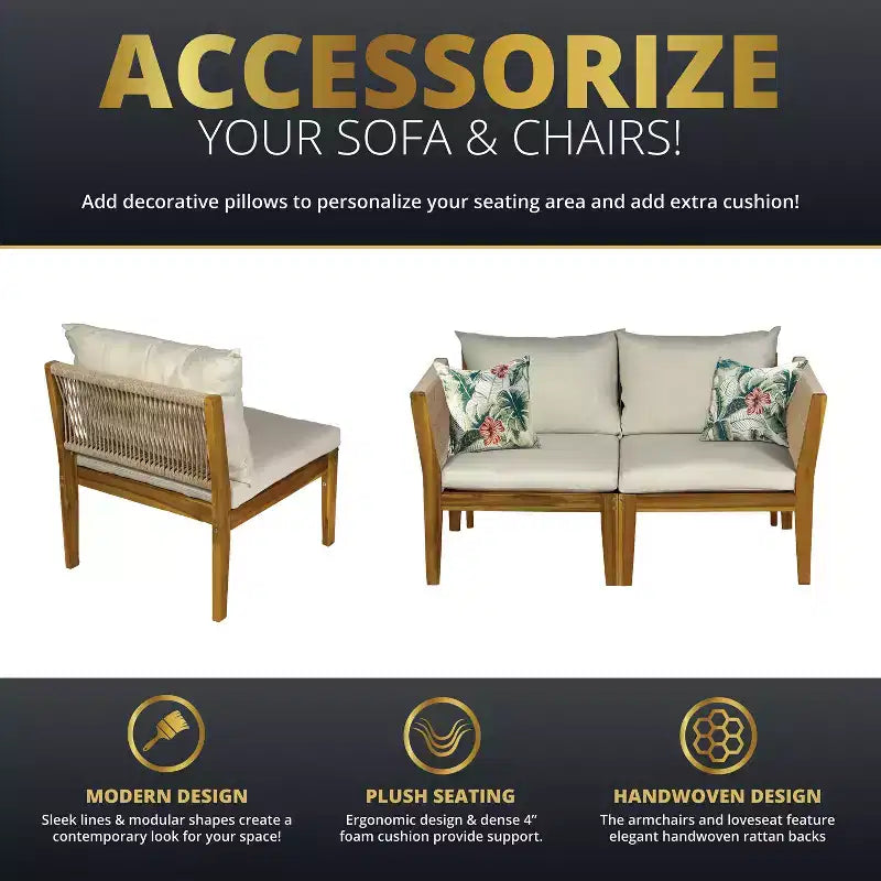 Kinger Home Steven 4-Piece Acacia Wood Patio Furniture Set with Cushions Stylish and Durable Outdoor Patio Furniture Compact Wood