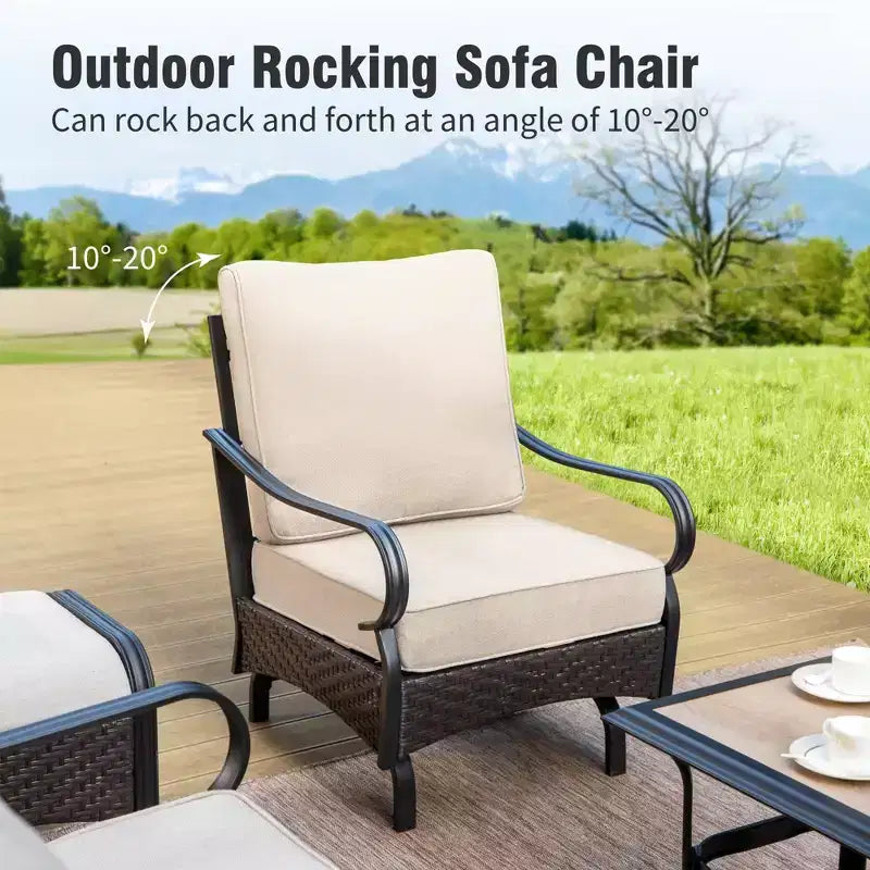 Captiva Designs 4pc Extra Large Metal and Rattan Outdoor Patio Conversation Set with Rocking Single Sofas