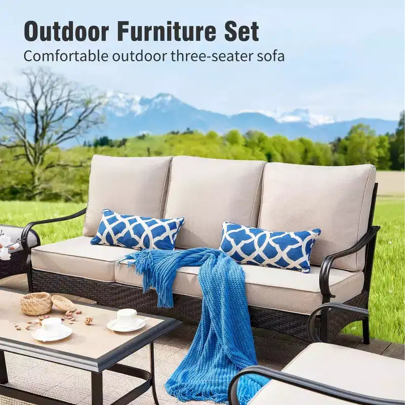 Captiva Designs 4pc Extra Large Metal and Rattan Outdoor Patio Conversation Set with Coffee Table