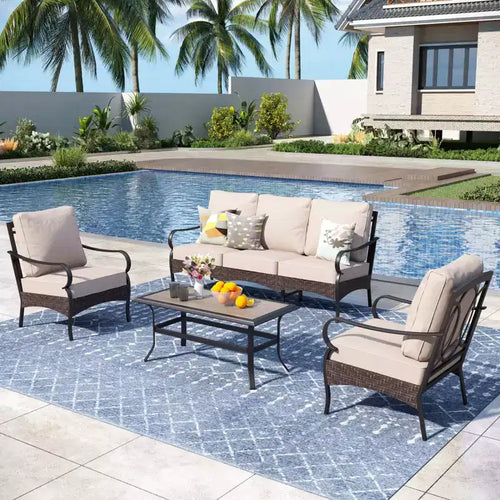 Captiva Designs 4pc Extra Large Metal and Rattan Outdoor Patio Conversation Set with Coffee Table